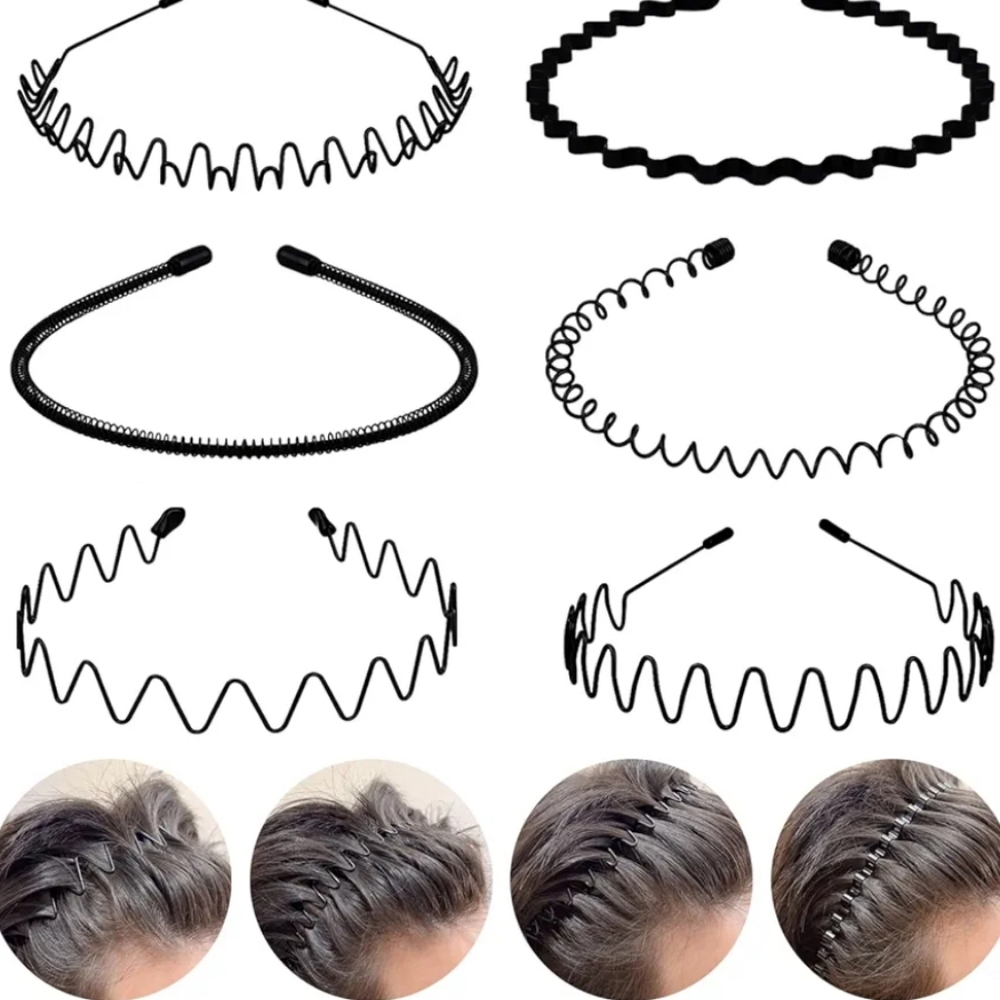 NWT 6-Piece Unisex Black Metal Wavy Headband Set (Spring & Wave Styles)